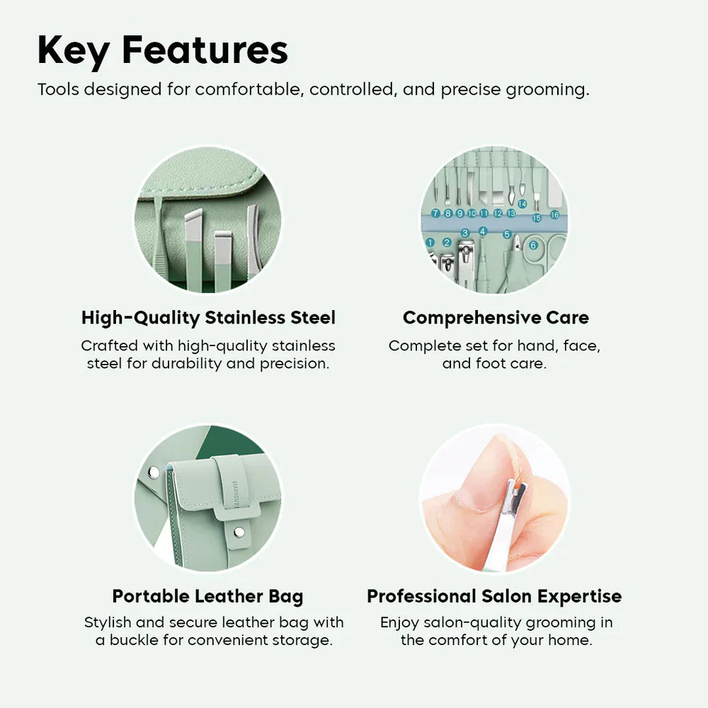 Manicure Nail Clipper Kit - 16 Pieces for Facial Care, Hand Care, Foot Care