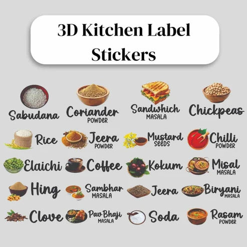 3D Waterproof Kitchen Spice Jar Label Stickers (60 Stickers)