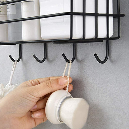 Stainless Steel Bathroom Shelf for Wall, Self Adhesive Bathroom Organiser, 4 Hooks for Towel Holder