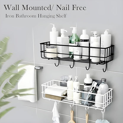Stainless Steel Bathroom Shelf for Wall, Self Adhesive Bathroom Organiser, 4 Hooks for Towel Holder