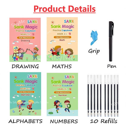 Magic Practice Book for kids - 4 BOOKS - 1 PEN - 1 GRIP- 10 REFILL (BEST OFFER)✅