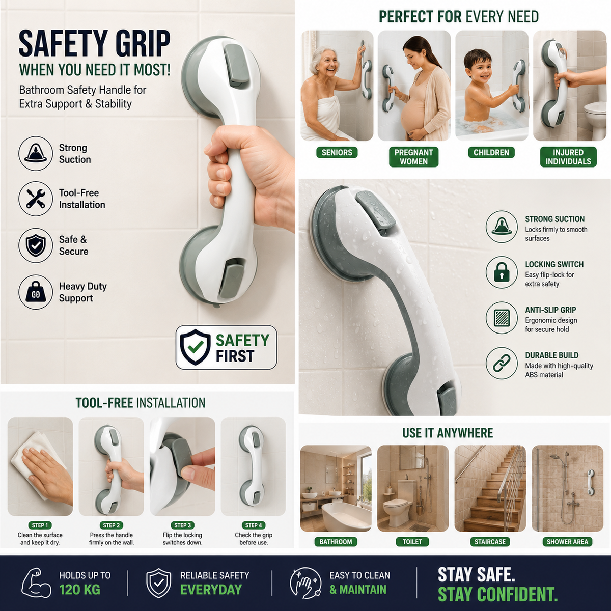 Bathroom Safety Suction Multi-Purpose Handle for Elderly, Kids & Disabled, No-Drill Vacuum Grip Support for Shower & Toilet