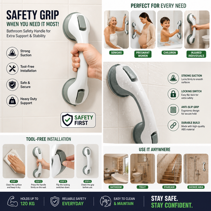 Bathroom Safety Suction Multi-Purpose Handle for Elderly, Kids & Disabled, No-Drill Vacuum Grip Support for Shower & Toilet