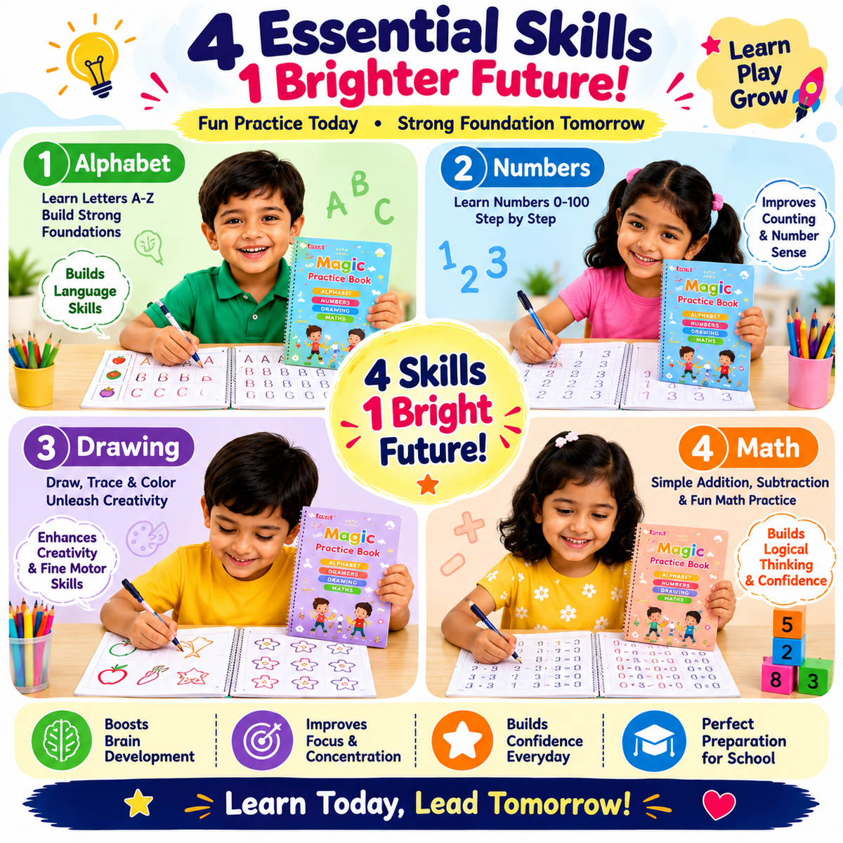 Magic Handwriting Workbook Set (4 Books + 10 Refills + 1 Pen Grip)