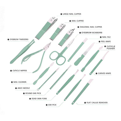 Manicure Nail Clipper Kit - 16 Pieces for Facial Care, Hand Care, Foot Care