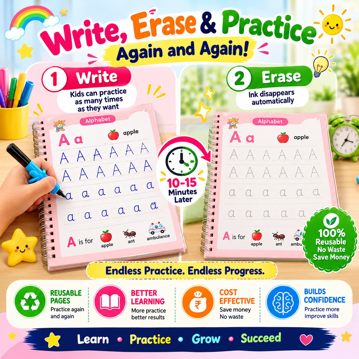 Magic Handwriting Workbook Set (4 Books + 10 Refills + 1 Pen Grip)